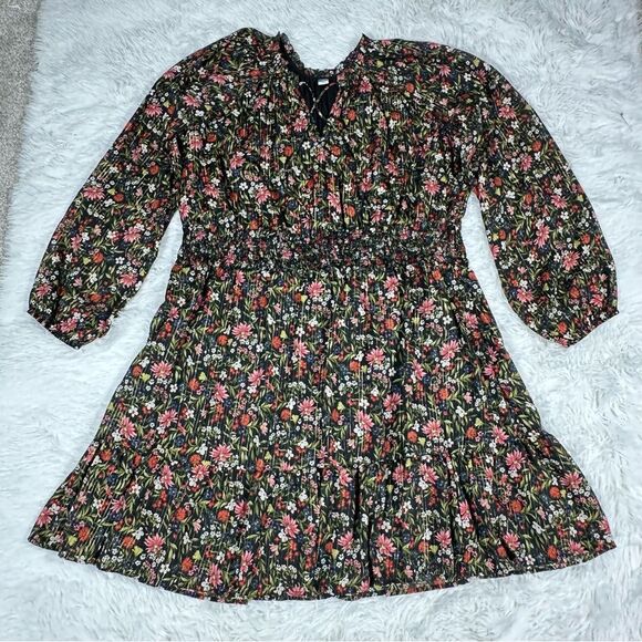Old Navy Maternity Dress XXL Waist-Defined Black Floral Shine Gold Smocked Boho - Picture 3 of 14